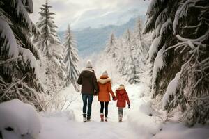 ai genererad bak- se av familj i vinter- semester snöig ai genererad foto