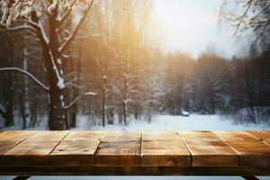 ai genererad tömma vinter- trä planka styrelse tabell med snöfall ai genererad foto