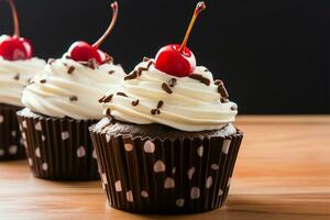 eftergiven choklad cupcake, en ljuv glädje med en röd körsbär ai genererad foto