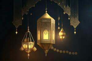 ai genererad arabicum lykta med brinnande ljus lysande på natt för muslim helig månad ramadan kareem foto