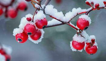 ai genererad röd bär gren täckt i snö foto