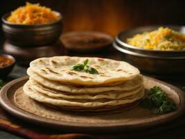 ai genererad indisk chapati tortillas på en trä- styrelse traditionell indisk mat foto