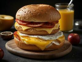 ai genererad hjärtlig frukost smörgås på en bagel foto