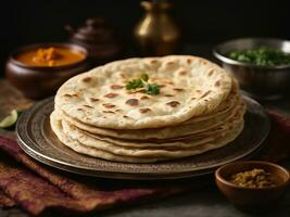 ai genererad hapati tava roti också känd som indisk bröd eller fulka phulka. huvud ingrediens av lunch middag i Indien pakistan foto