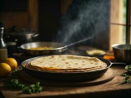 ai genererad hapati tava roti också känd som indisk bröd eller fulka phulka. huvud ingrediens av lunch middag i Indien pakistan foto
