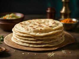 ai genererad indisk chapati tortillas på en trä- styrelse traditionell indisk mat foto