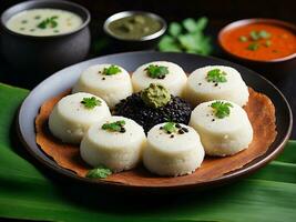 ai genererad söder indisk kök vegetarian frukost rava idli eller passivt i en tallrik foto