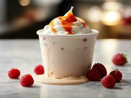 ai genererad krämig vanilj frysta yoghurt toppade med färsk tropisk frukt eras i en plast foto