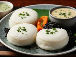 ai genererad söder indisk kök vegetarian frukost rava idli eller passivt i en tallrik foto