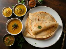 ai genererad dosa söder Indien, tillverkad från en jäst smet övervägande bestående av linser och ris. styled med sambar, chutney, bhaji, i skål och några trumpinnar foto