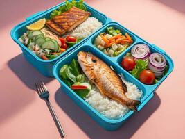 ai genererad måltid förberedelse lunch låda behållare med bakad lax fisk, ris, grön broccoli och sparris foto