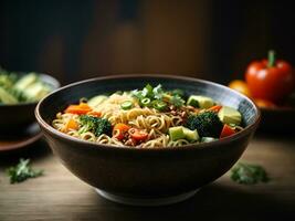 ai genererad Vispa kinesisk fritera spaghetti med nötkött och vegetabiliska i vit skål. asiatisk stil mat foto