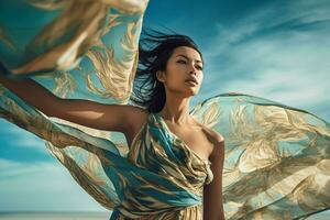 ai genererad filippinska kvinna snurrar strand mode porträtt. generera ai foto
