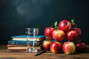 ai genererad realistisk skola dag Foto Lycklig lärare dag med böcker pennor äpplen generativ ai