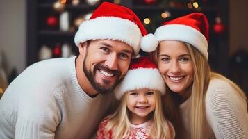 ai genererad Lycklig familj i santa hattar med gåvor och dekorationer foto