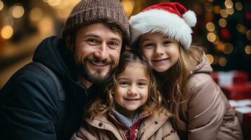 ai genererad Lycklig familj i santa hattar med gåvor och dekorationer foto