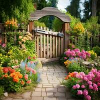 ai genererad en pittoresk vår trädgård med en rustik trä- Port och en mängd av färgrik blommor, foto