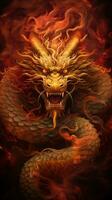 ai genererad en majestätisk kinesisk drake med gyllene skalor och våldsam ögon, foto