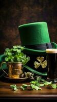 ai genererad en roligt st. Patricks dag bild med en grön topp hatt, shamrocks, foto