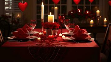 ai genererad en dining rum dekorerad med hjärtformade servetter, bordsduk, foto