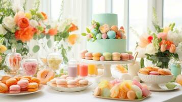 ai genererad en ljus och glad med vårtema efterrätt tabell fylld med cupcakes, macarons, foto