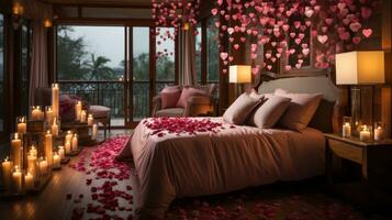 ai genererad en sovrum dekorerad med reste sig kronblad, hjärtformade ballonger, och ljus skapar en drömmande atmosfär för par fira hjärtans dag. foto