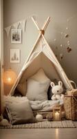 ai genererad en barnets sovrum med lekfull vinter- dekorationer och en mysigt läsning hörn, foto