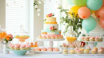ai genererad en ljus och glad med vårtema efterrätt tabell fylld med cupcakes, macarons, foto