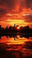 ai genererad en hisnande Foto av en stad horisont på solnedgång, med värma vår färger målning de himmel