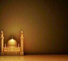 ai genererad de guld eid mubarak inbjudan bakgrund med en moské, foto