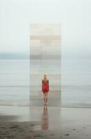 ai genererad ensam blond ung kvinna på sandig strand sandig beac, foto