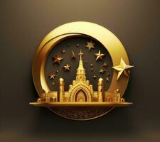 ai genererad moské i guld och moské design i de form av ett islamic symbol, foto