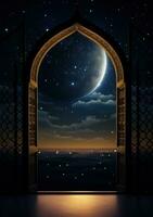 ai genererad islamic måne scen med måne genom de båge, foto