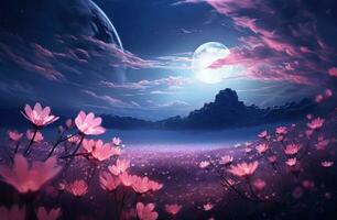 ai genererad stor rosa blommor i fält med en full måne, foto