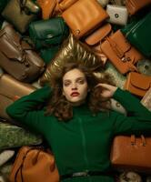 ai genererad jul kampanj de kvinna är liggande på en madrass full av massor av plånböcker foto