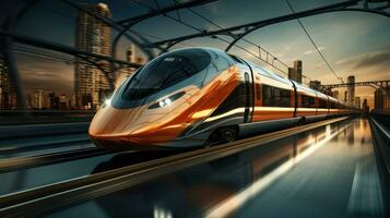 ai genererad ett orange och silver- tåg fortkörning ner de tåg spår, foto