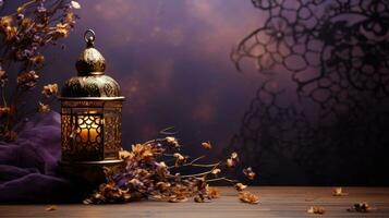 ai genererad en kunglig lila och guld bakgrund med elegant arabicum kalligrafi foto