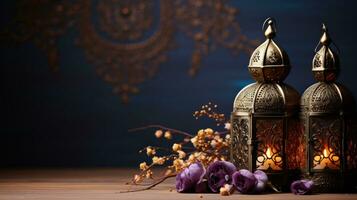 ai genererad en kunglig lila och guld bakgrund med elegant arabicum kalligrafi foto