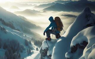ai genererad snö klättrare sport klättrande hög berg och häftig snöstorm is berg topp foto
