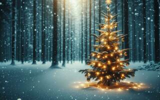 ai genererad jul träd dekorerad med lampor på de snötäckt område Bakom de tall skog i de skymning tid där är snö foto