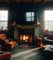 ai genererad levande rum med jul dekor foto