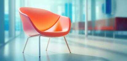 ai genererad ett abstrakt orange stol sitter i en blåtonad företag kontor foto