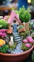 ai genererad en nyckfull bild av en fe- trädgård, komplett med miniatyr- hus, blommor, foto