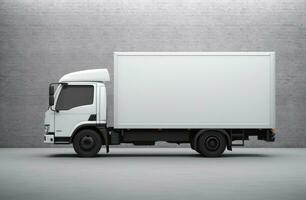 ai genererad en vit leverans lastbil på en grå golv, foto