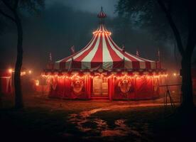 ai genererad en cirkus tält på natt med en röd tält mot vit bakgrund foto