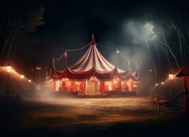 ai genererad en cirkus tält på natt med en röd tält mot vit bakgrund foto