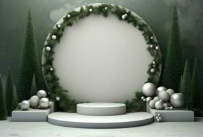 ai genererad vit podium med jul träd och dekorationer på en grön bakgrund foto
