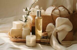 ai genererad hud vård Produkter tycka om toalettartiklar, oljor, och parfymer i en korg foto