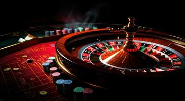ai genererad spelare snurra roule på en roulett tabell använder sig av kort och chip foto