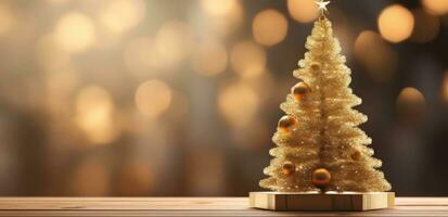 ai genererad jul träd på trä- tabell mot lampor bakgrund foto